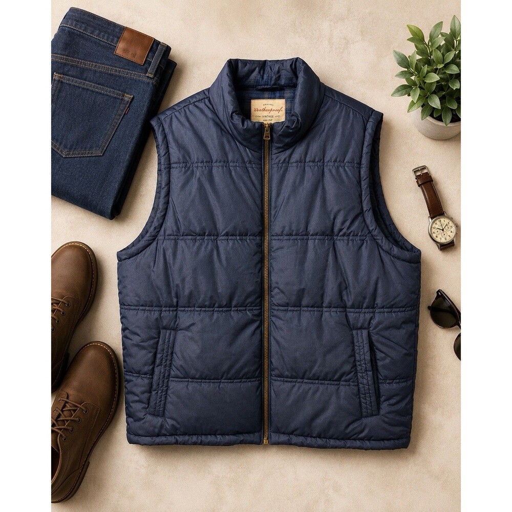 Weatherproof Vintage Mens XXL Navy Blue Puffer Vest Full Zip Quilted